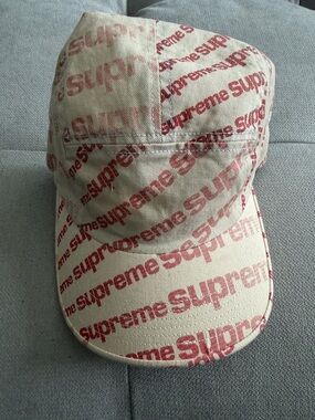 Supreme Beige Cap with Red Allover Logo Print